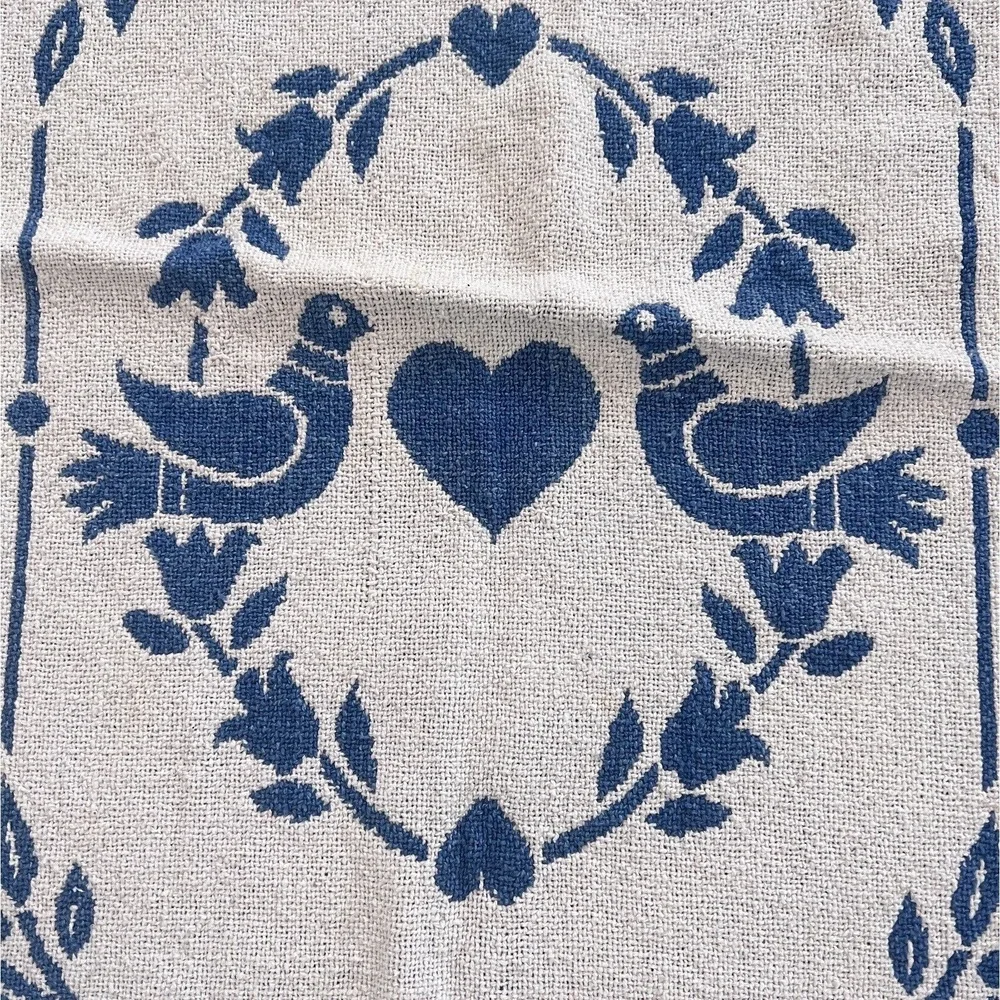 Lovebirds Woven Throw Blanket 53x44 Blue Folk Art Bird Heart Cotton Americana